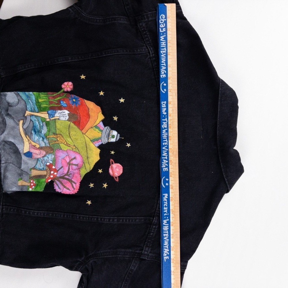 Levis Denim Jacket Womens M Black Custom Painted‎ Alien Mushroom Nature Pride - Picture 9 of 9